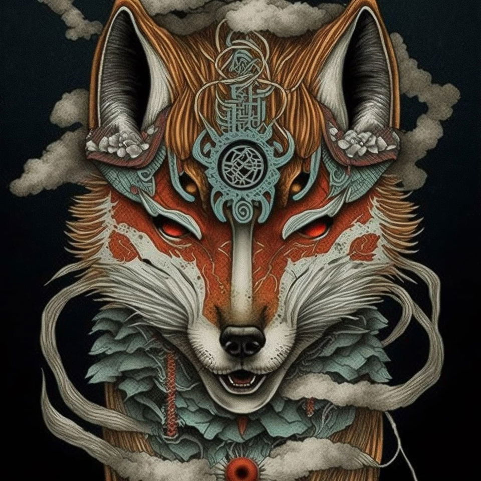 Japanese fox god in ornate winter headgear, dark richly detailed illustrative style, Midjourney V4