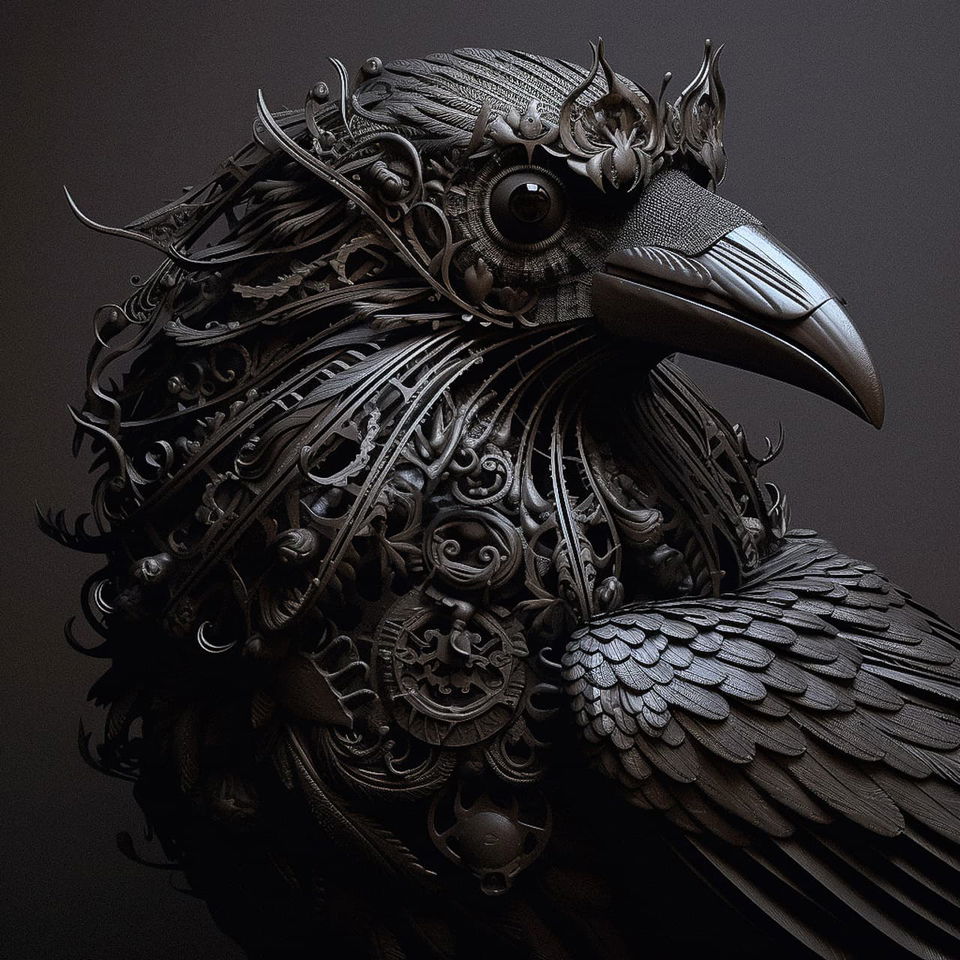 Intricate raven god in ornate dark metallic armor, sculptural detail and dramatic low-key lighting, Midjourney V5