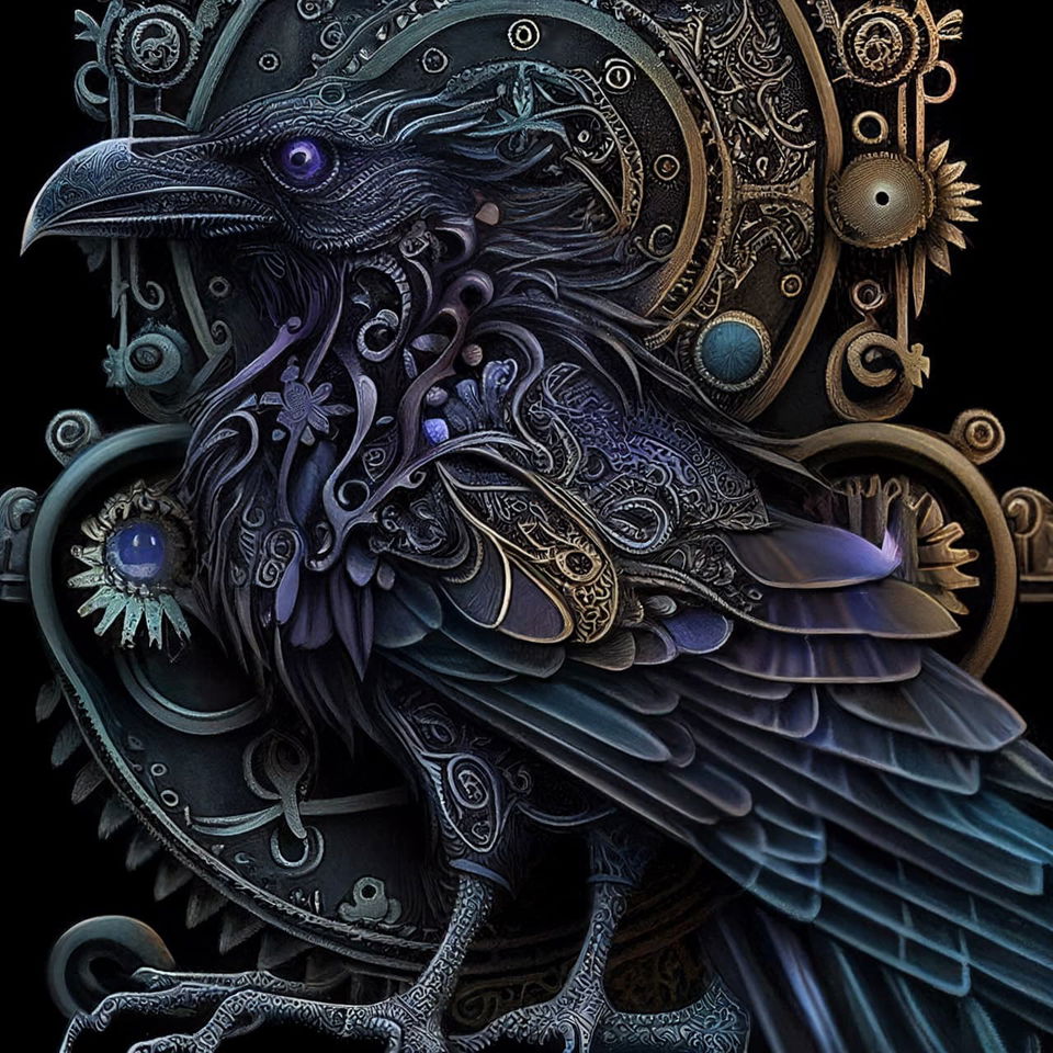 Intricate raven god with ornate metallic details, dark blue-purple palette, and dramatic lighting, Midjourney V4