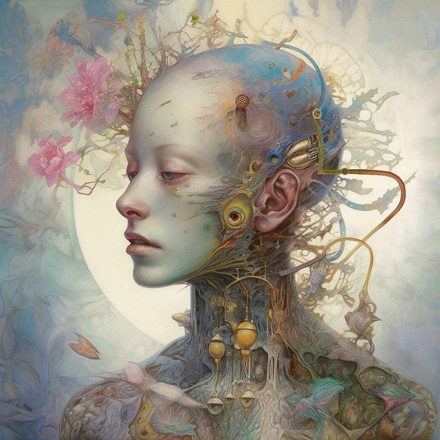 Human-AI symbiosis as a cyborg portrait in the style of Daniel Merriam, pastel surrealism, Midjourney V5