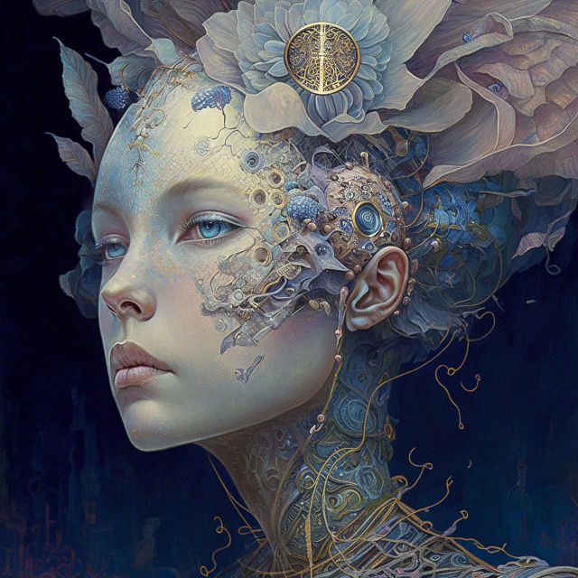 Human face fused with intricate mechanical AI elements, in the style of Daniel Merriam, blue palette, Midjourney V4