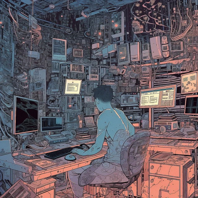 Person working at a computer in a dense cybernetic studio, Midjourney V5
