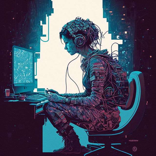Human and AI in symbiosis at a computer, neon cyberpunk illustration in teal and magenta, Midjourney V4