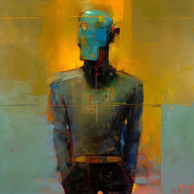 Humanoid symbolizing human-AI symbiosis, in the style of William Wray, textured warm colors, Midjourney V5