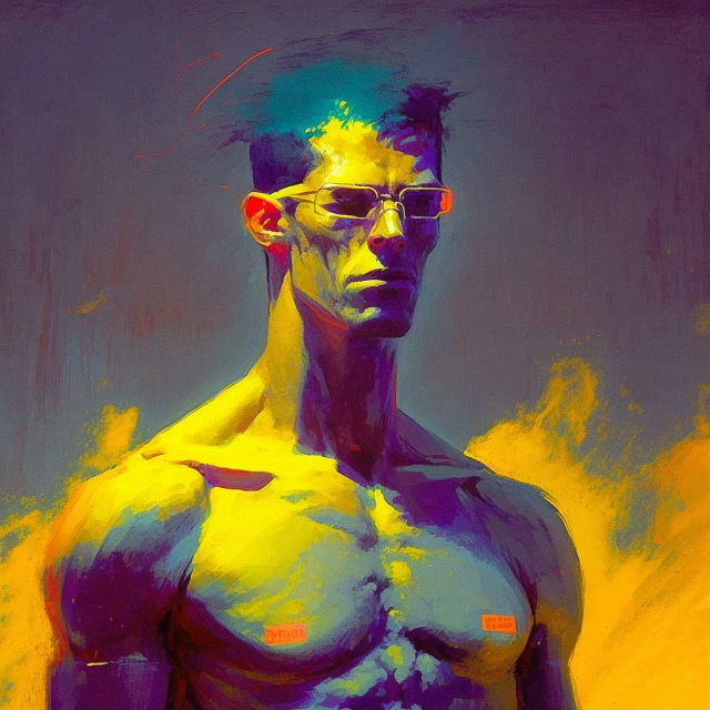Human-like AI figure in the style of William Wray, vivid neon colors and painterly brushwork, Midjourney V4