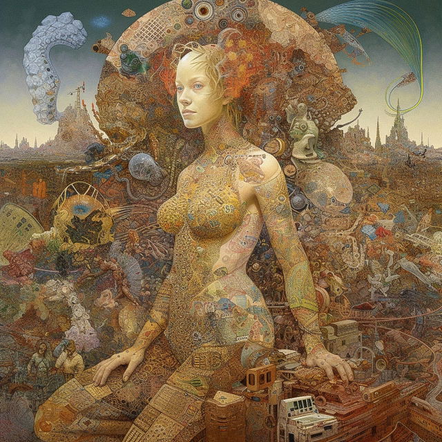 Human figure merging with an AI-like world, intricate surreal collage in warm muted tones, Midjourney V5