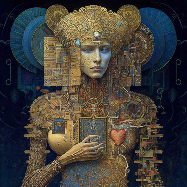 Human and AI symbiosis in the style of James C. Christensen, ornate collage in gold and blue, Midjourney V4