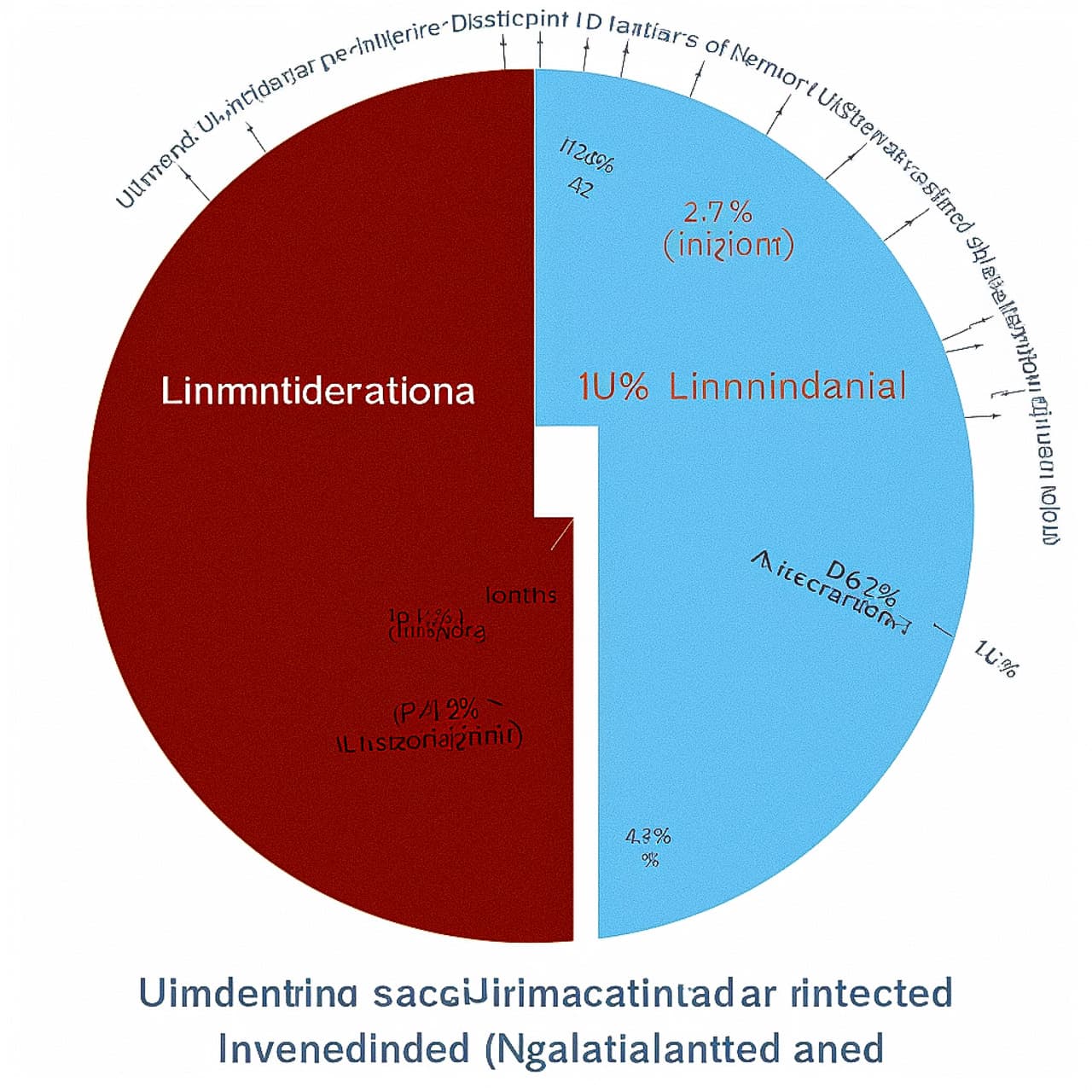 Distorted pie chart with garbled labels, bold red and blue sections, and clean infographic styling, Midjourney V5