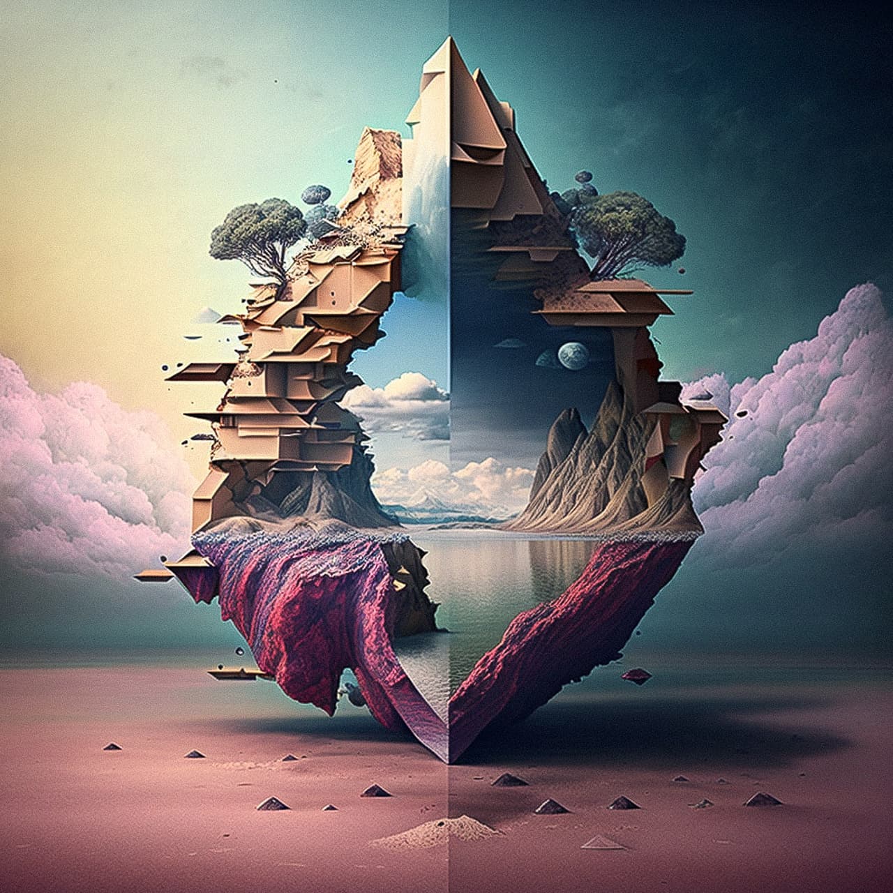 Surreal split floating island with trees and mountains, geometric collage in teal and pink light, Midjourney V4