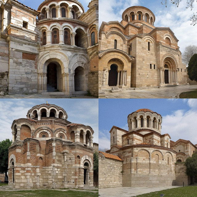 Byzantine churches with domes and arches in warm stone, brick, and soft daylight, Midjourney V5