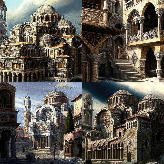 Byzantine domed buildings and ornate courtyards in a detailed illustration with warm light, Midjourney V4