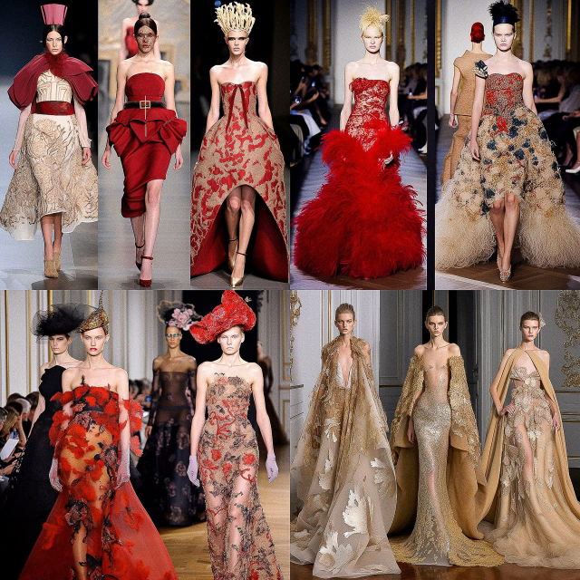 Haute couture models in elaborate runway gowns, photographed in vivid reds, creams, and golds, Midjourney V5