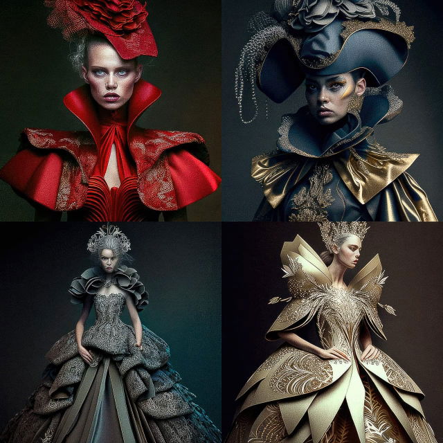 Four haute couture models in sculptural gowns and elaborate headpieces, dark jewel-toned lighting, Midjourney V4