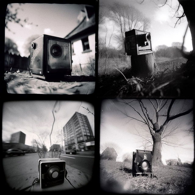 Vintage cameras in rural and urban settings, black-and-white pinhole photographs with soft vignettes, Midjourney V5