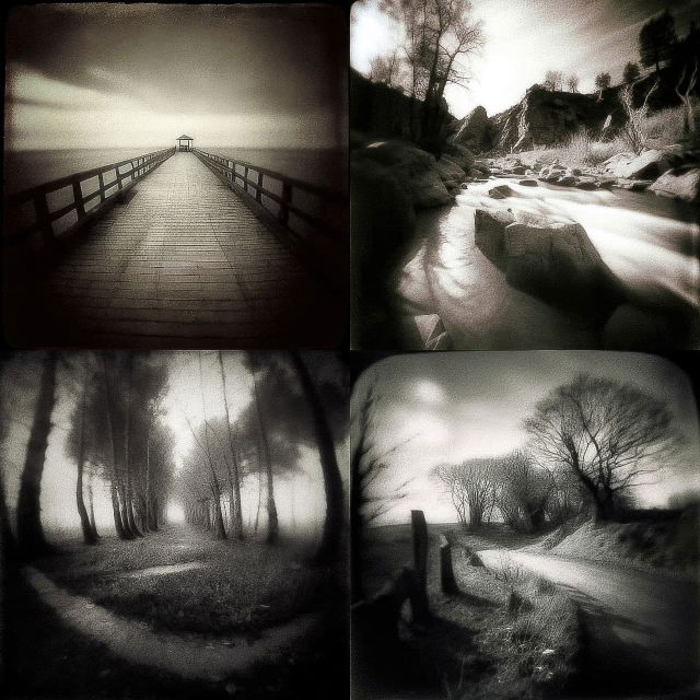 Four landscapes—pier, stream, forest, and country road—in hazy monochrome pinhole photography, Midjourney V4