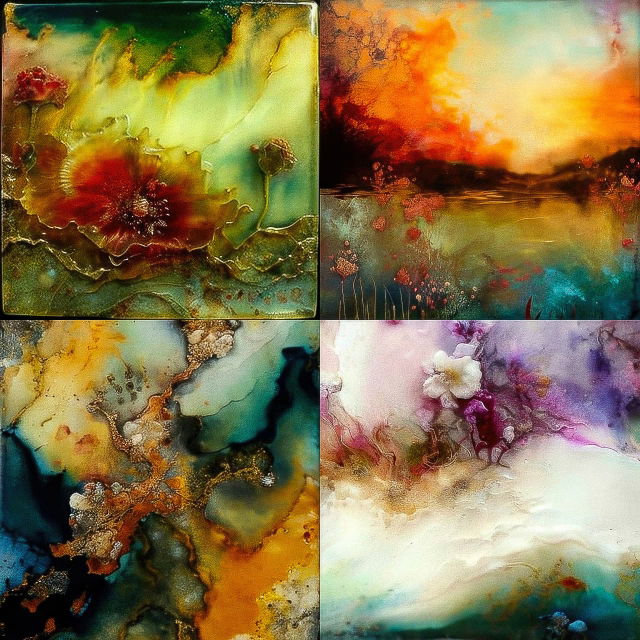 Four abstract encaustic panels with flowers and landscapes in vivid jewel tones and glowing light, Midjourney V4