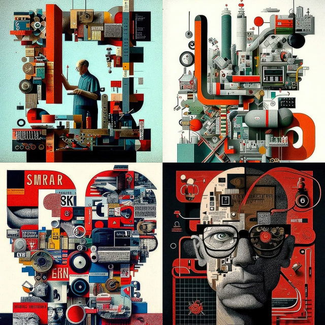 Four geometric collage portraits in a red, black, and cream palette with vintage print textures, Midjourney V4