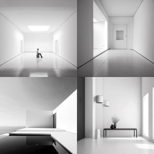Minimalist white interiors with stark geometry, monochrome tones, and soft diffuse light, Midjourney V5