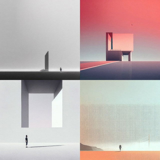 Minimalist geometric structures with tiny figures, muted gray and pastel pink-orange light, Midjourney V4