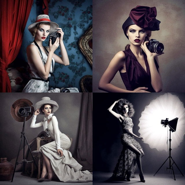 Four fashion models with cameras in vintage studio photography, rich colors and dramatic lighting, Midjourney V5