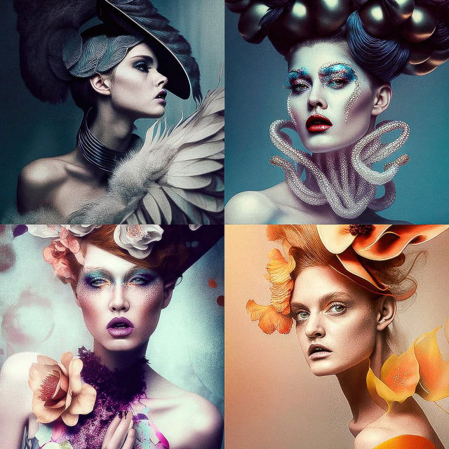 Four fashion portraits with sculptural hats, flowers, feathers and jewelry in vivid studio light, Midjourney V4