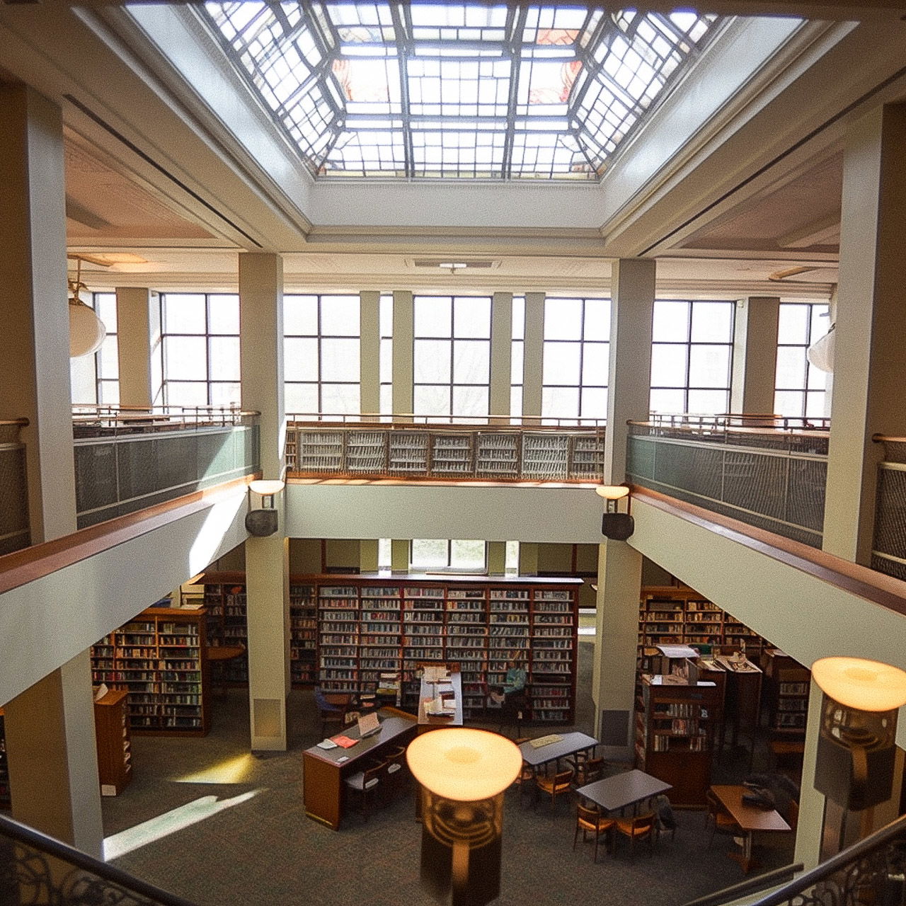 Multi-level library interior with bookshelves, skylight, warm wood, and soft natural light, Midjourney V5