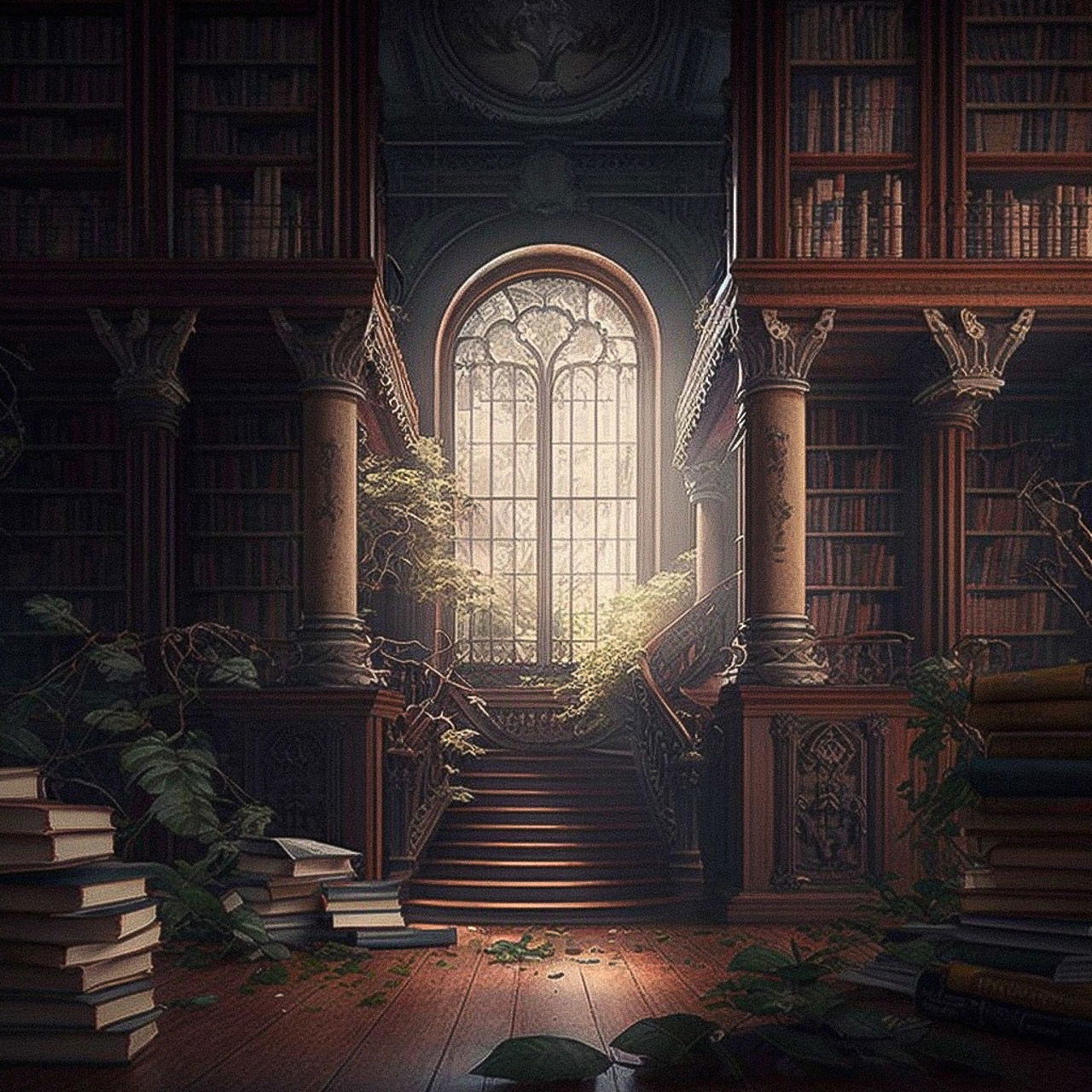 Gothic library with stairs and arched window, digital art in dark brown tones and soft light, Midjourney V4