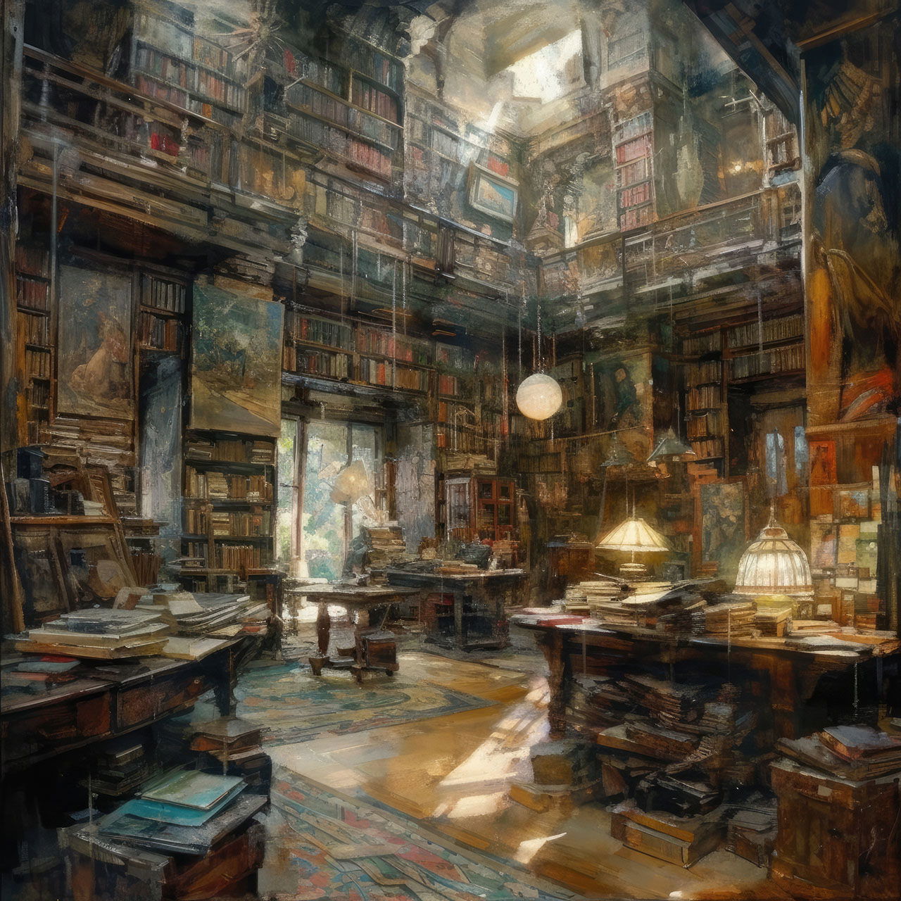Grand library interior in the style of Viktor Vasnetsov and Tyrus Wong, warm painterly light, Midjourney V5