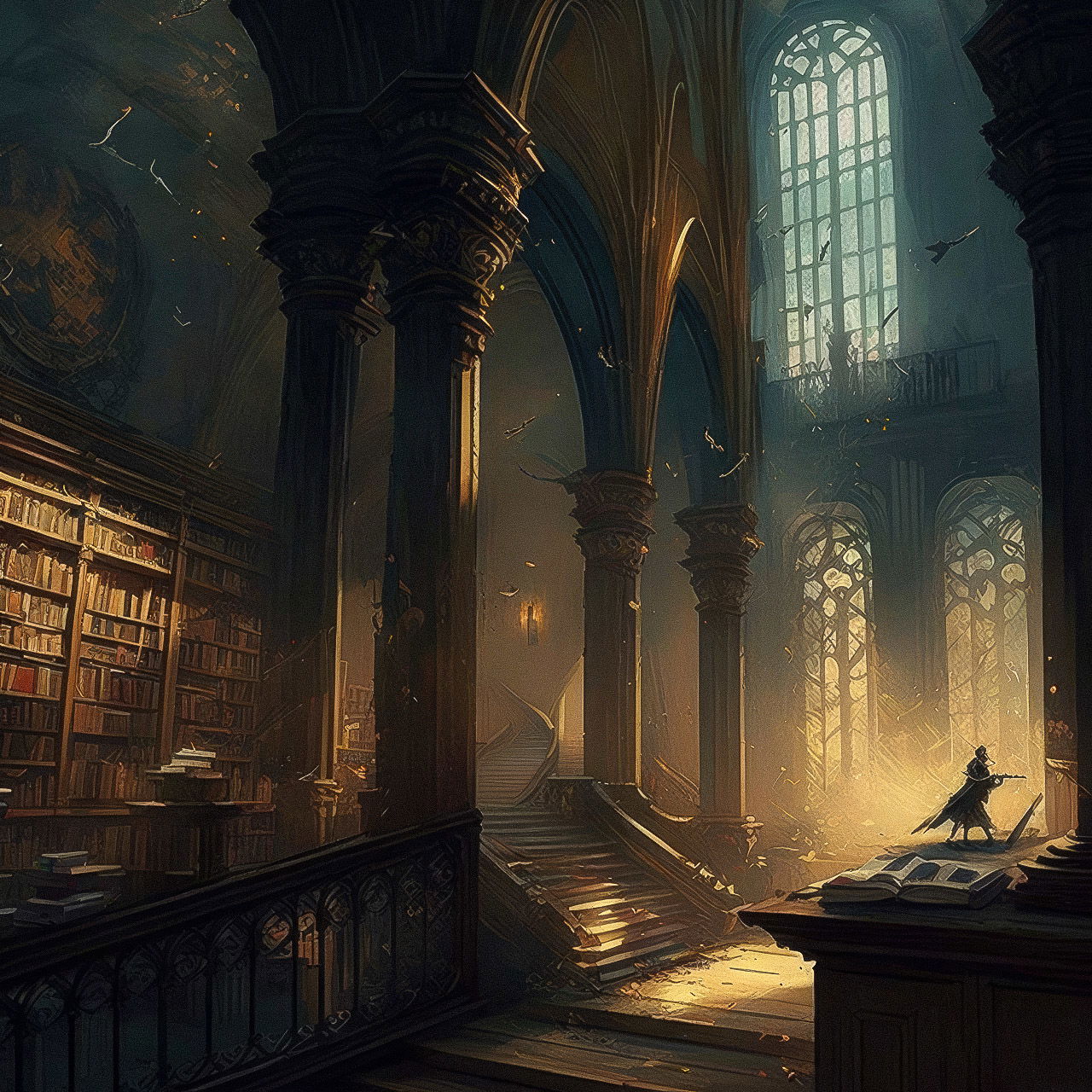 Gothic library with towering arches and bookshelves, in the style of Viktor Vasnetsov and Tyrus Wong, Midjourney V4