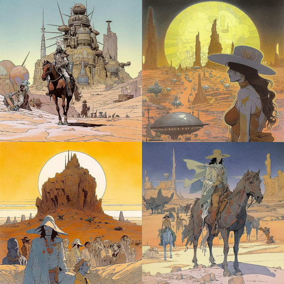Desert travelers, riders, alien cities, and towering mesas in warm, detailed comic-book art, Midjourney V5