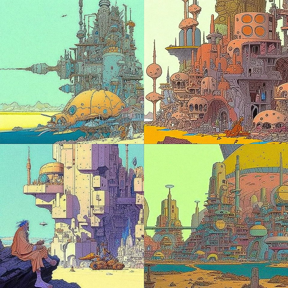 Four futuristic cityscapes with intricate architecture in the style of Moebius, vivid retro colors, Midjourney V4