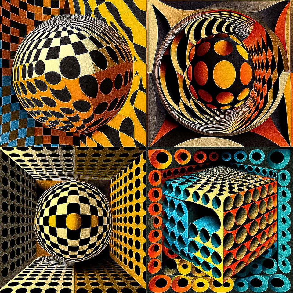 Geometric spheres and cube with optical patterns in the style of Victor Vasarely, bold warm colors, Midjourney V4