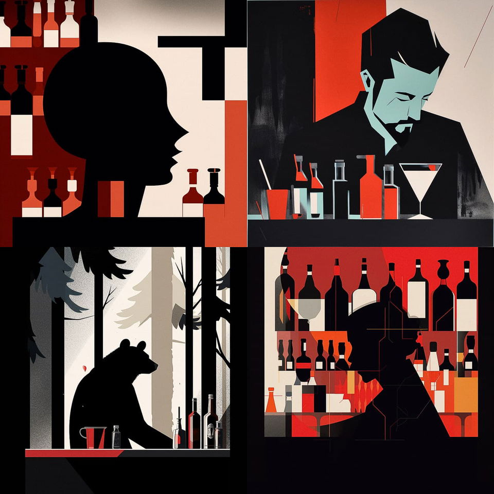 Four-panel graphic of silhouettes, bottles, a bartender, and a bear in bold geometric collage style, Midjourney V5