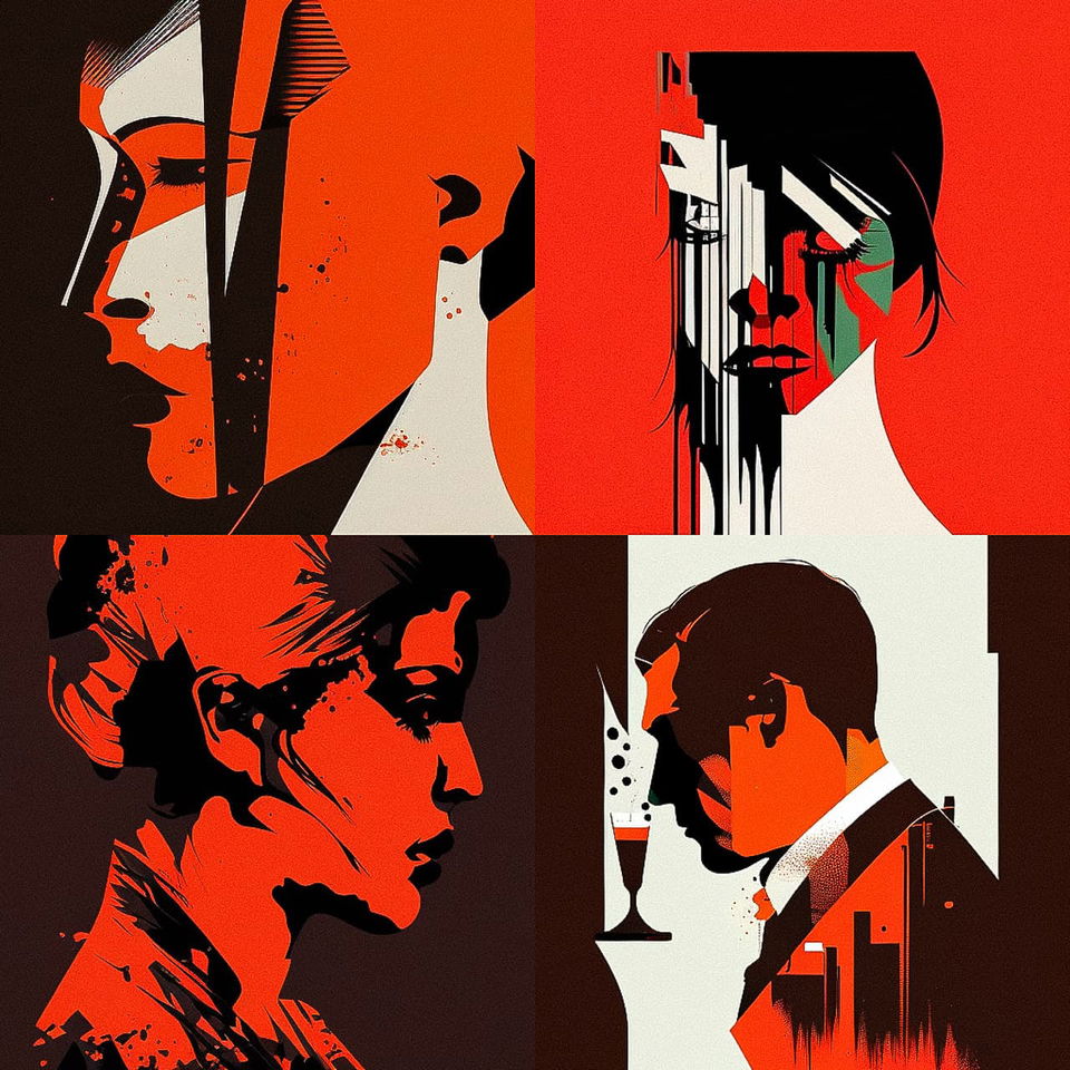 Four stylized profile portraits in bold red, black, and cream graphic art, in the style of Noma Bar, Midjourney V4