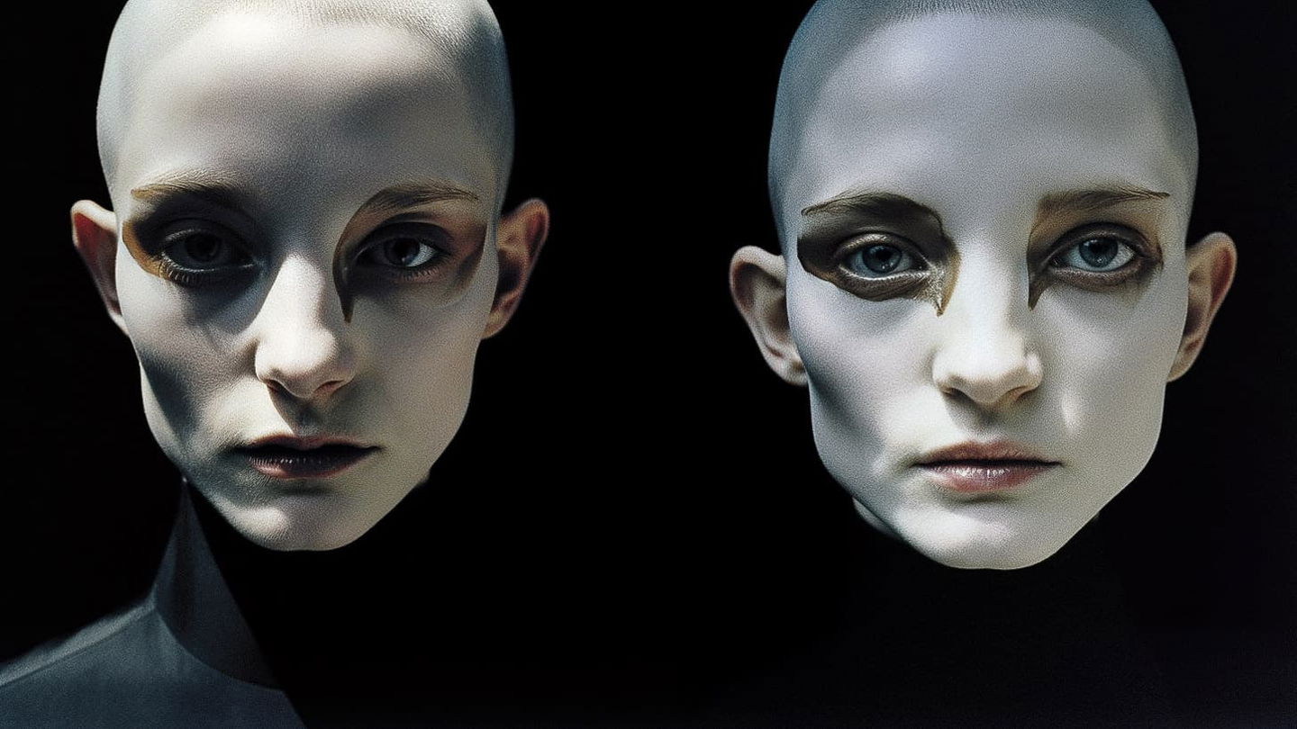 Two bald, pale portraits in the style of Steven Klein, stark studio lighting and dark shadows, Midjourney V5