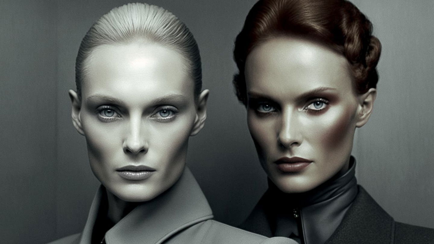 Two fashion models in a cool-toned studio portrait with dramatic shadows, Midjourney V4