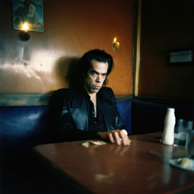 Nick Cave seated in a diner, photorealistic warm light and deep shadows, in the style of Nan Goldin, Midjourney V5