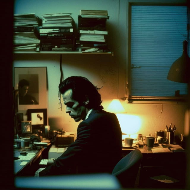 Nick Cave seated in a cluttered study, in the style of Nan Goldin, teal and amber light, Midjourney V4