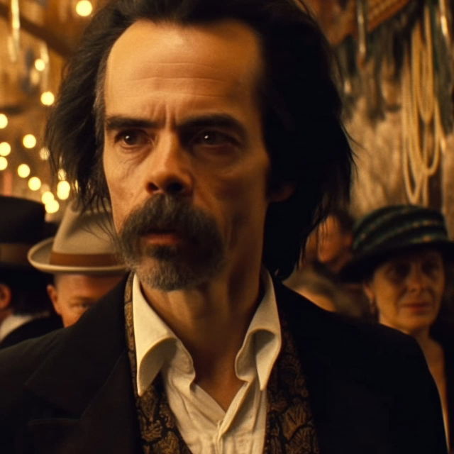 Nick Cave in the style of Alejandro Jodorowsky, photorealistic portrait with warm amber lighting, Midjourney V5