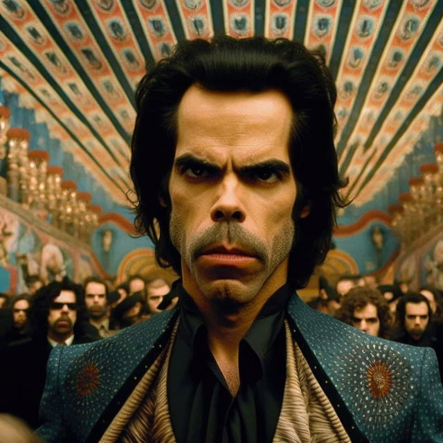 Nick Cave in an ornate hall, intensely lit photorealistic portrait with muted teal and orange tones, Midjourney V4