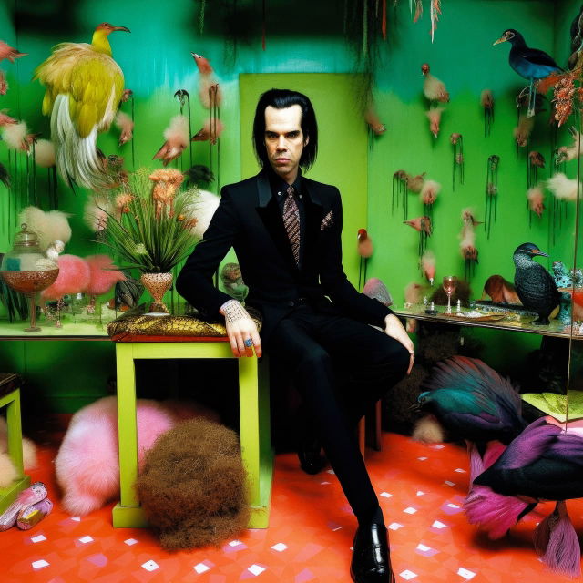 Nick Cave seated among exotic birds in a vivid, surreal high-concept portrait photograph, Midjourney V5