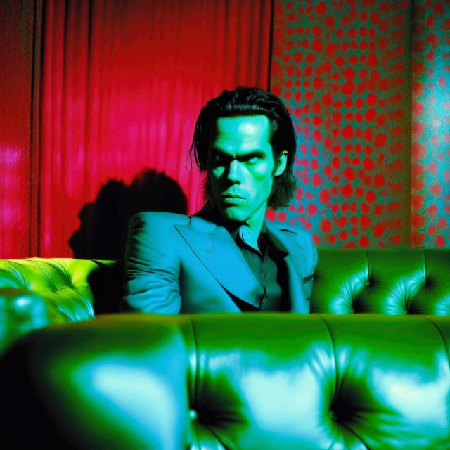Nick Cave in the style of Miles Aldridge, a high-concept portrait photograph in vivid neon colors, Midjourney V4