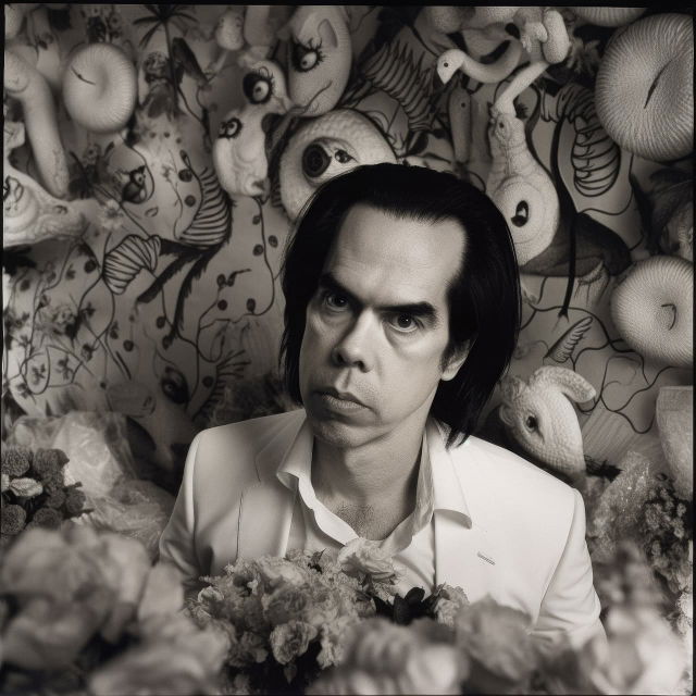 Nick Cave holding flowers amid plush toys, in the style of Nobuyoshi Araki, monochrome photograph, Midjourney V5