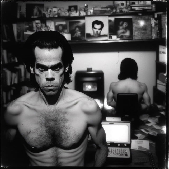 Nick Cave in a stark black-and-white photograph, high contrast light and grainy texture, Midjourney V4