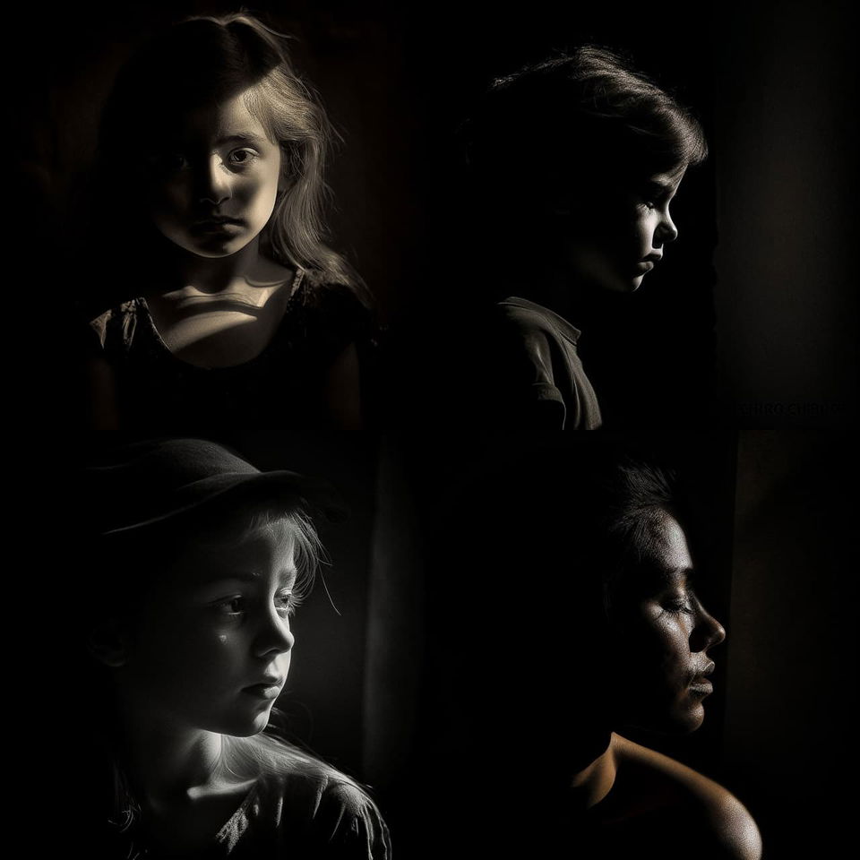 Four child portraits in dramatic chiaroscuro, monochrome tones with subtle warm highlights, Midjourney V5