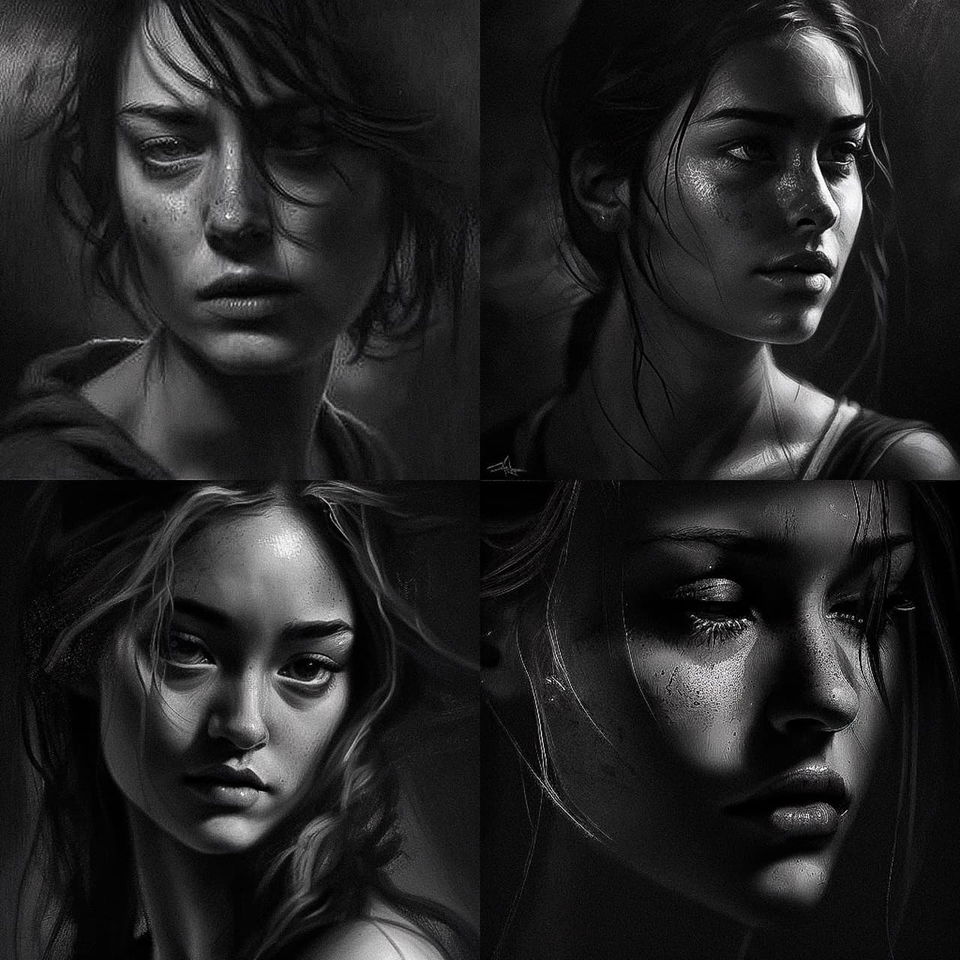 Four women’s portraits in a monochrome photorealistic style with dramatic chiaroscuro lighting, Midjourney V4