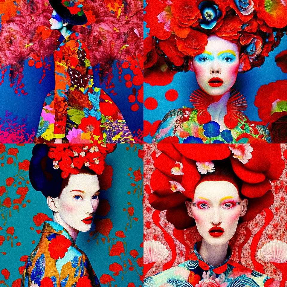 Four female portraits with floral headdresses, vivid colors and graphic fashion photography, Midjourney V4