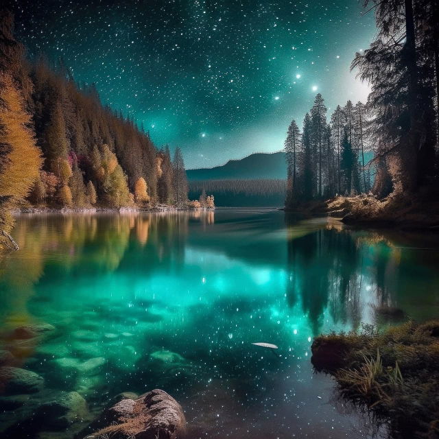 Magical night lake beneath a star-filled sky, photorealistic with turquoise light and reflections, Midjourney V5