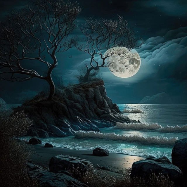 Magical night lake with a moonlit rocky shore, twisted trees, and crashing waves in blue tones, Midjourney V4