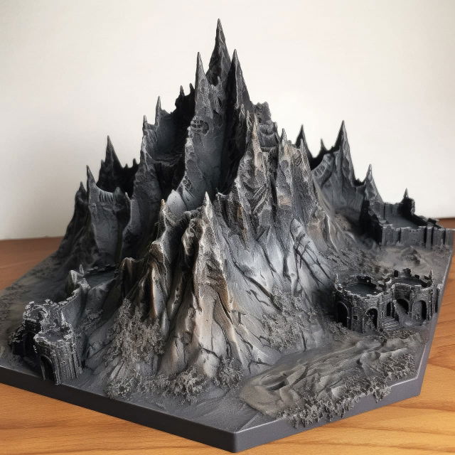 Jagged dark fantasy mountains with fortress ruins, a detailed gray miniature in soft light, Midjourney V5